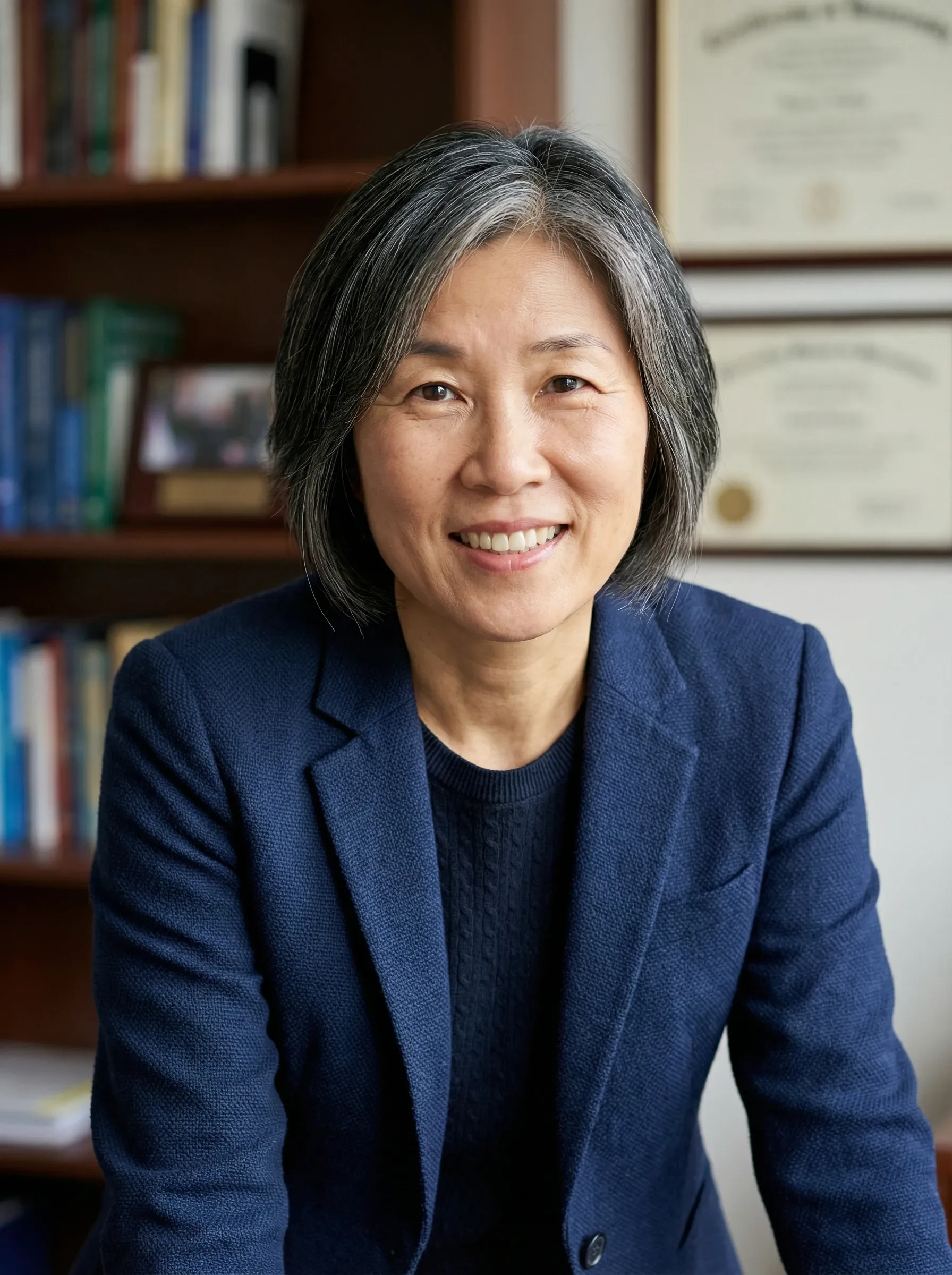 AI academic headshot — woman in a navy blazer and dark knit top in a university office